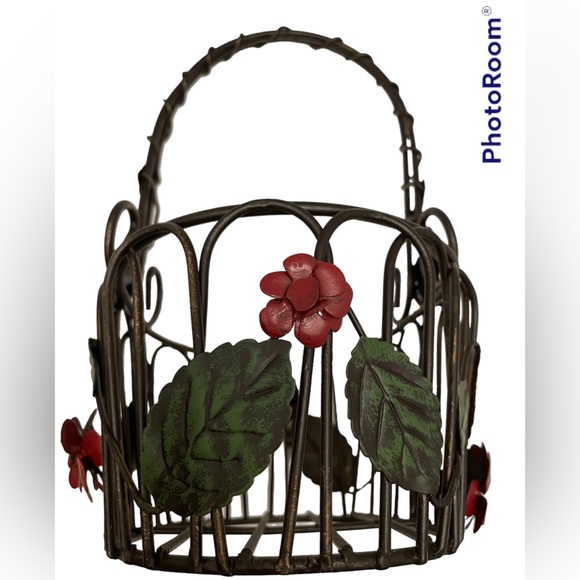 Artistic Metal Work Basket With Rose Appliqué 6” x 4.5” x 10” High MCM Vintage - Picture 4 of 5